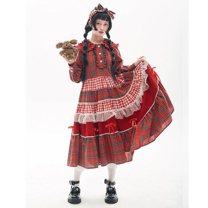 Sweet Lolita Dress Kawaii Dress Retro Dress Red Plaid Dress 36148:542800 36148:542800