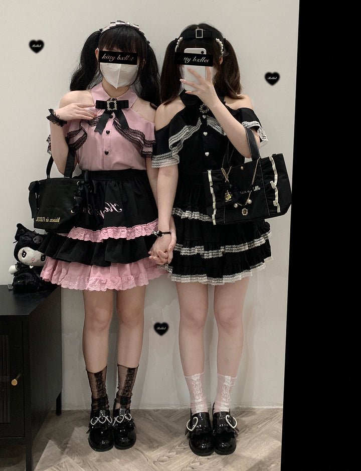 Jirai Kei Black And Pink Tiered Lace Skirt 21798:318506 21798:318506