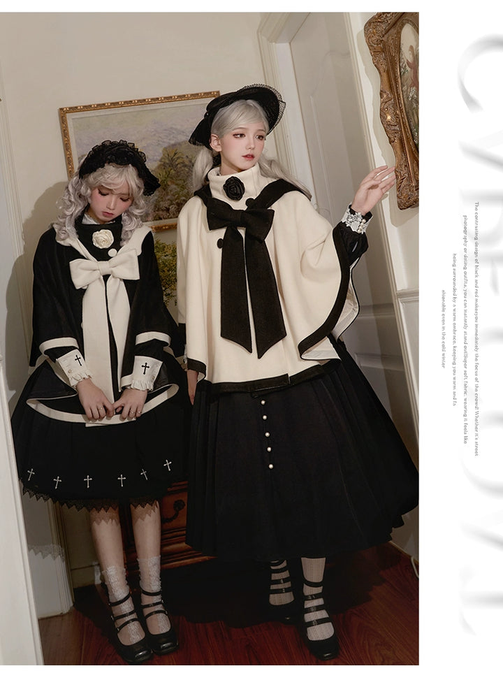 Elegant Lolita Winter Coat Black and White Camellia Cape 40284:658222