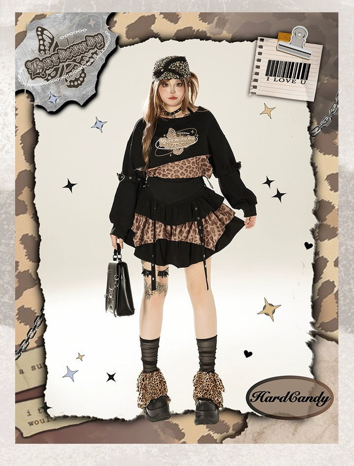 Plus Size Gyaru Outfit Set Leopard Plaid Skirt Set 39400:627832