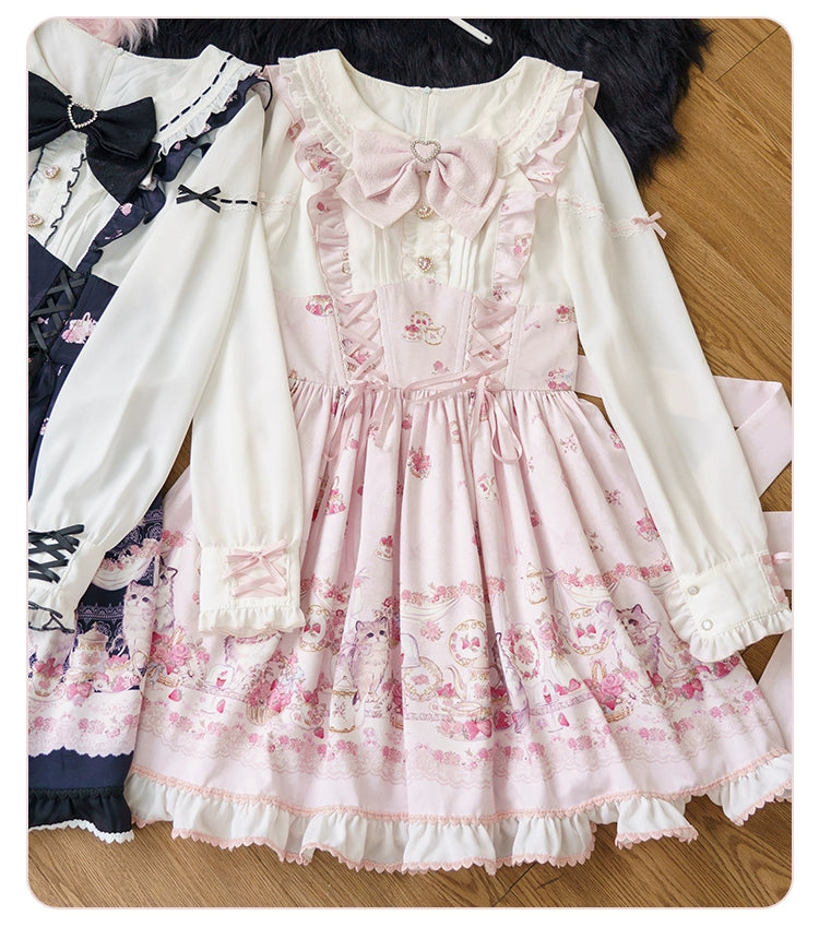 Kawaii Ryousangata Dress Long-sleeved Cat Printed OP Dress 40560:664834