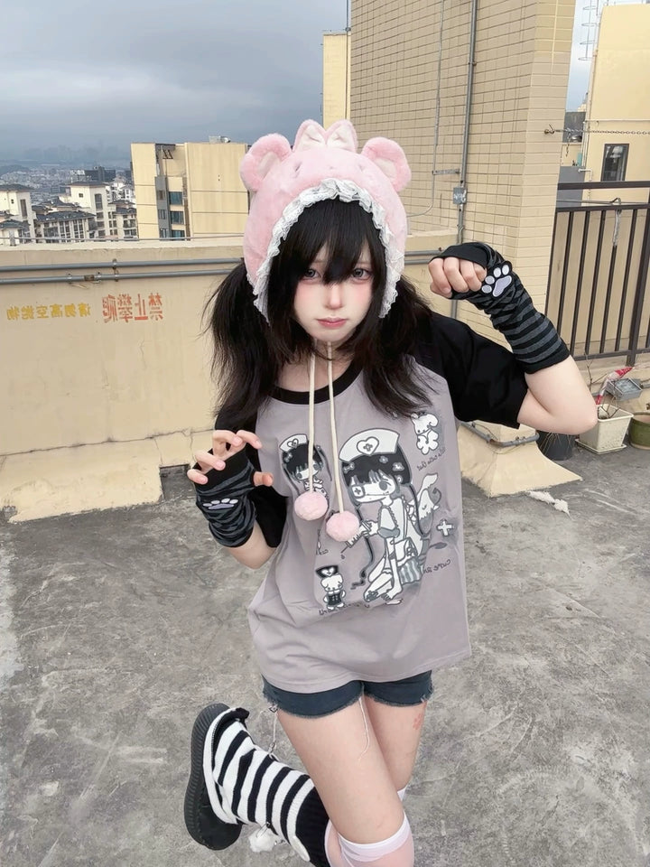 Yami Kawaii Cotton T-Shirt with Angelic Nurse Print 42852:755353