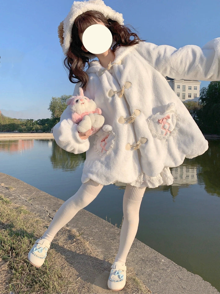 Sweet Lolita Coat White Plush Bunny Ear Winter Coat 40294:678414