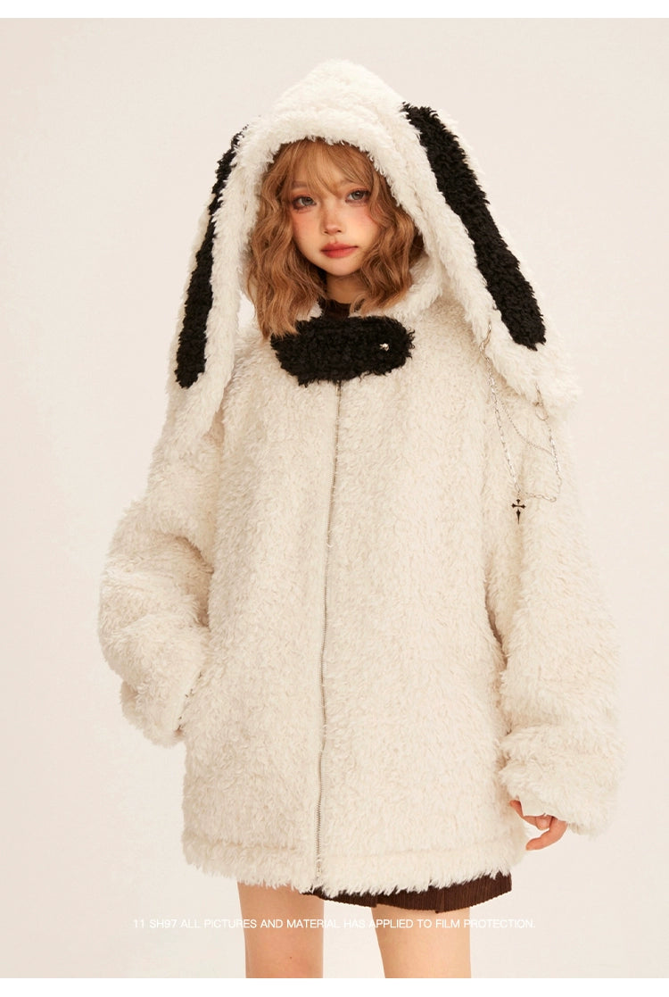 Kawaii White Coat Plush Rabbit Ear Hooded Coat 32398:423018 32398:423018