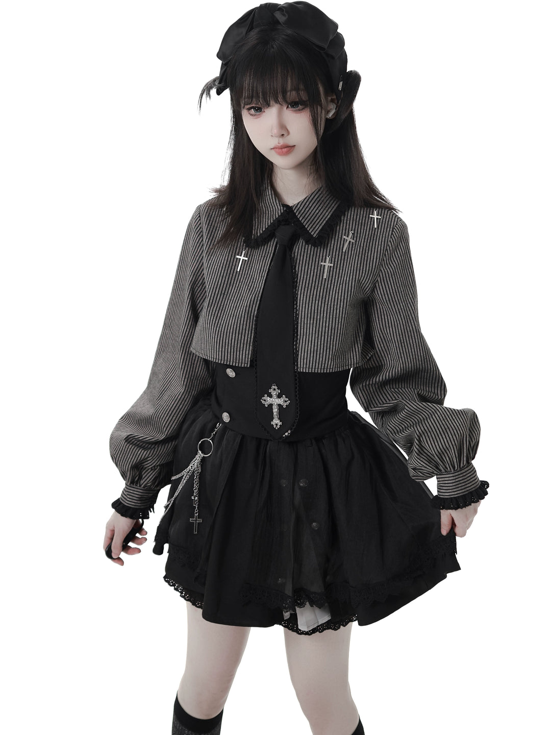 Gothic Striped Blouse and Black Skirt Set 44172:800224