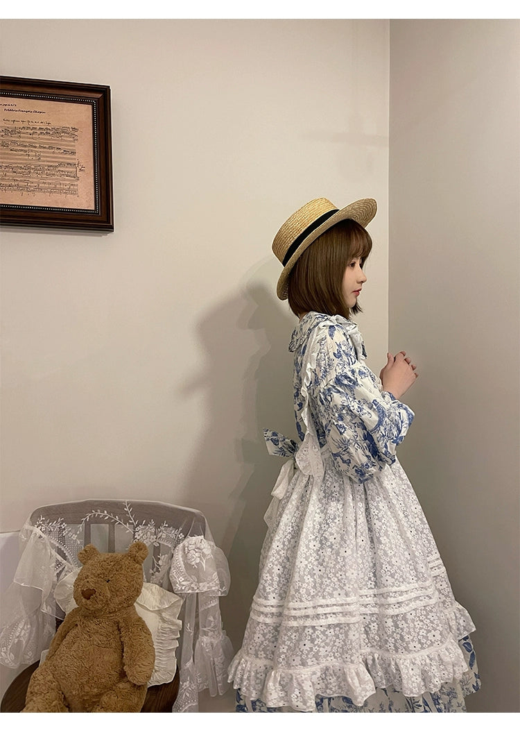 Mori Kei Apron White Lace Floral Apron Dress Suspender Skirt 36556:531316