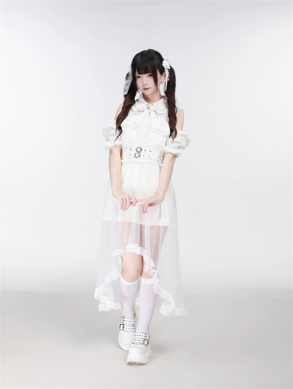 Jirai Kei Open Shoulder Lace Blouse, Pearl-Decorated Peter Pan Collar (L M S XL) 43328:773837