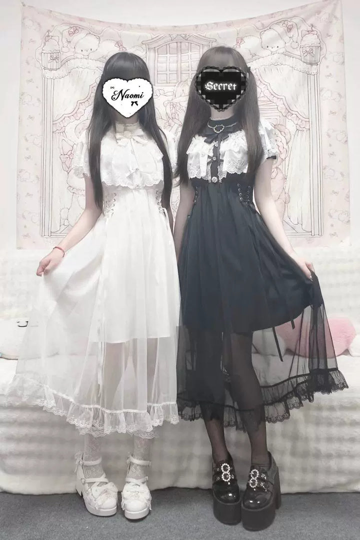 Long Jirai Kei Lace Cape Dress, Detachable Sleeves 43590:780601