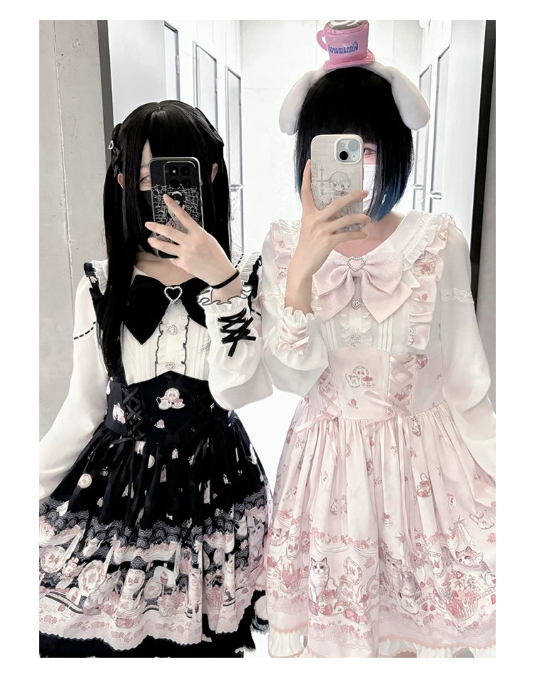 Kawaii Ryousangata Dress Long-sleeved Cat Printed OP Dress 40560:664820