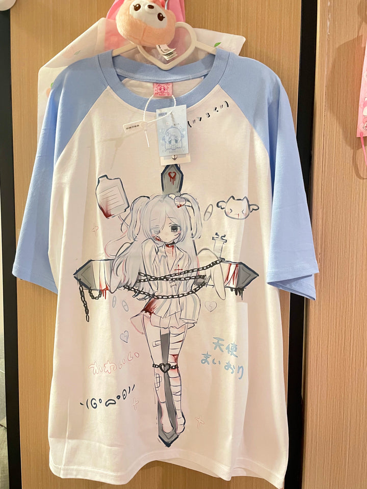 Tenshi Kaiwai Light Blue T-shirt Round Collar T-shirt 29180:337362 29180:337362