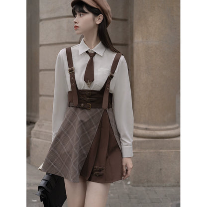 Preppy Style Brown Jacket Blouse Skirt Set (L M S XL) 29528:350384
