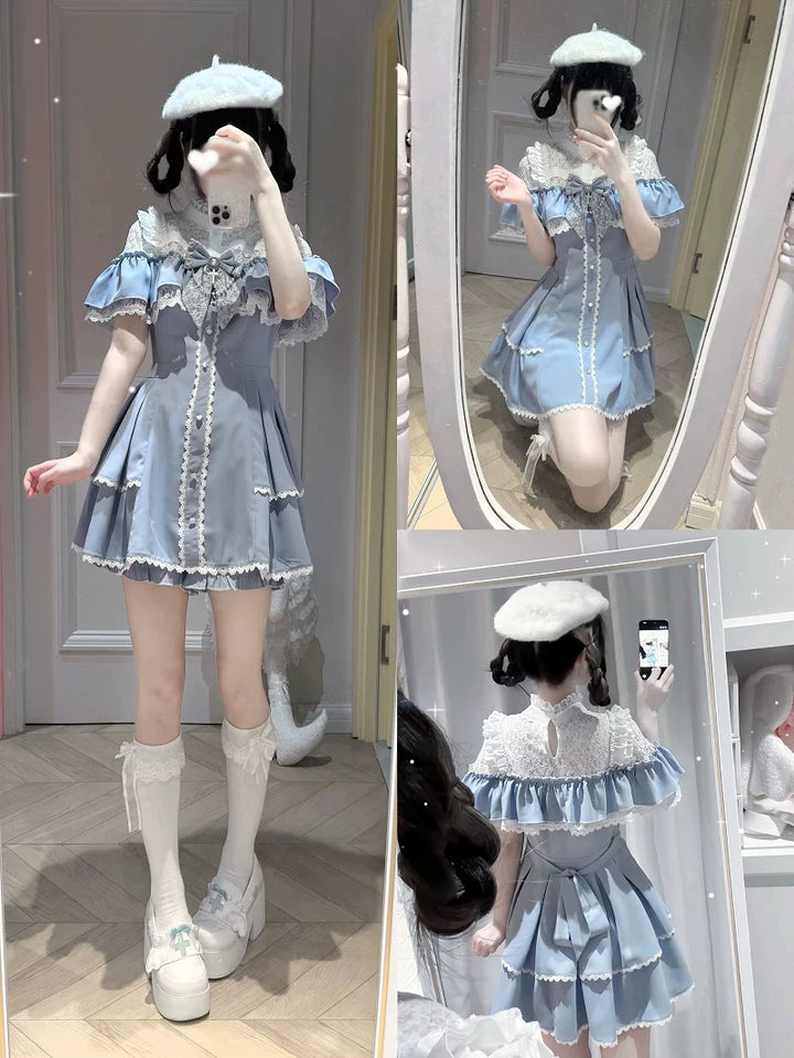Stand Collar Ryousangata Dress, Upper Flounce Hem 45627:856719