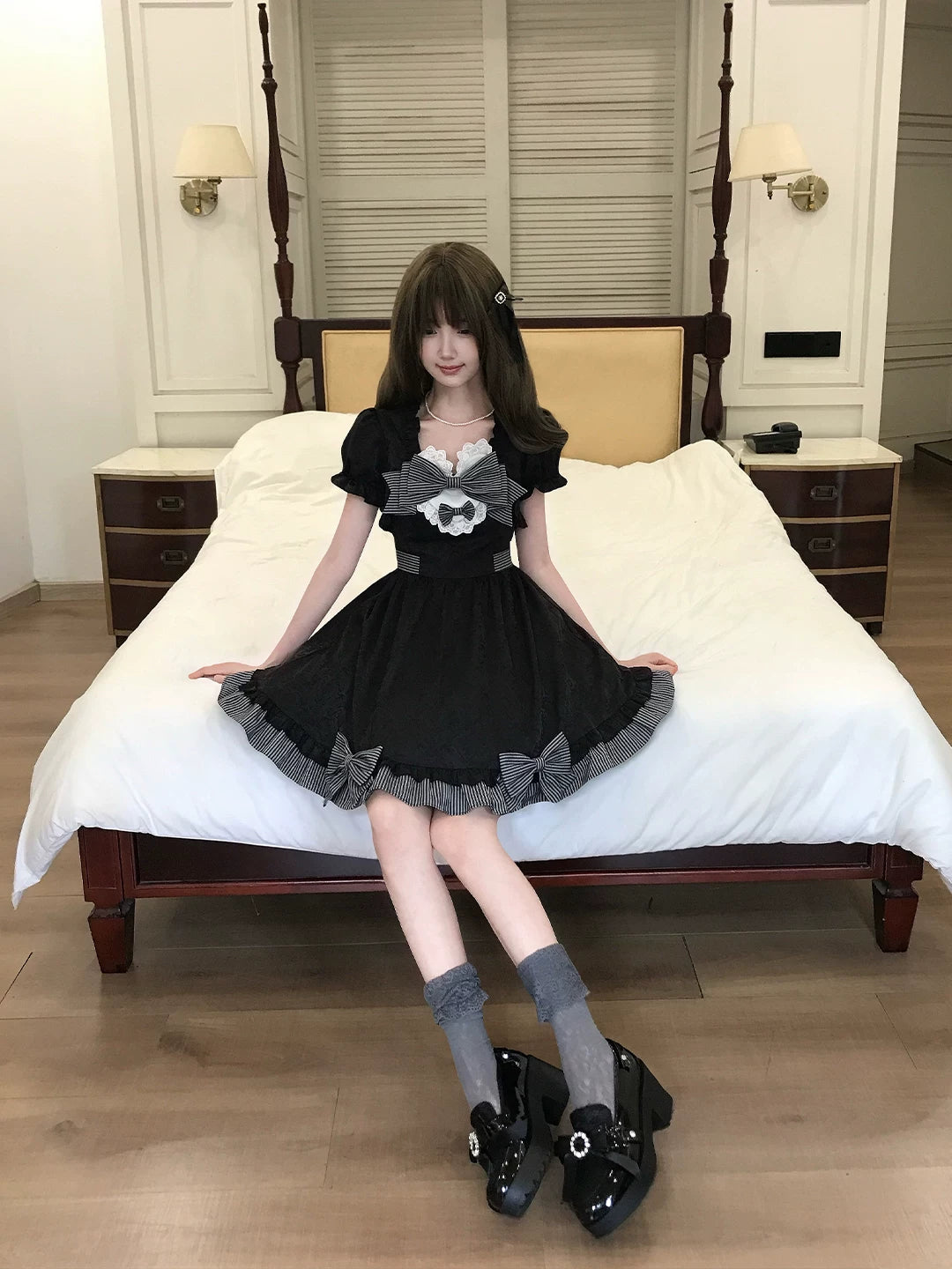 Black Jacquard A-Line Fluffy Dress, Striped Bows 45349:849891