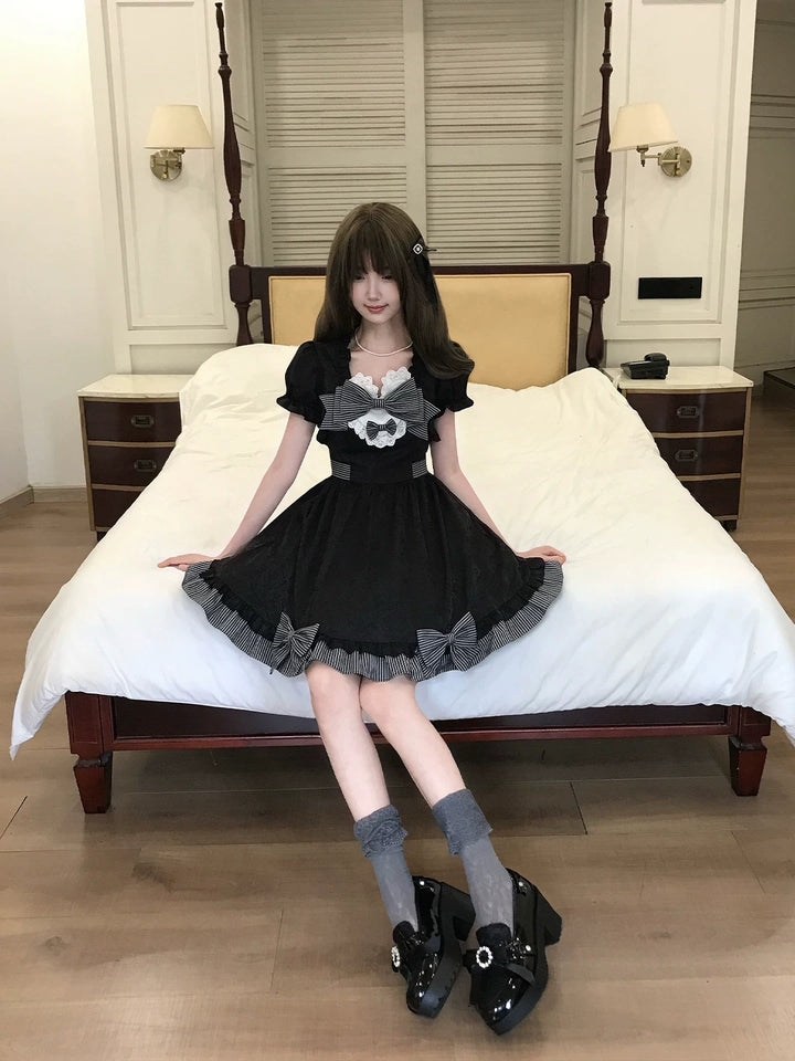 Black Jacquard A-Line Fluffy Dress, Striped Bows 45349:849891