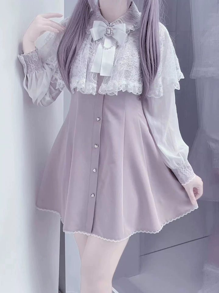 Jirai Kei Dress Lace Cape Dress Chiffon Long-sleeved Dress (L M S XS / Pink) 39730:634454