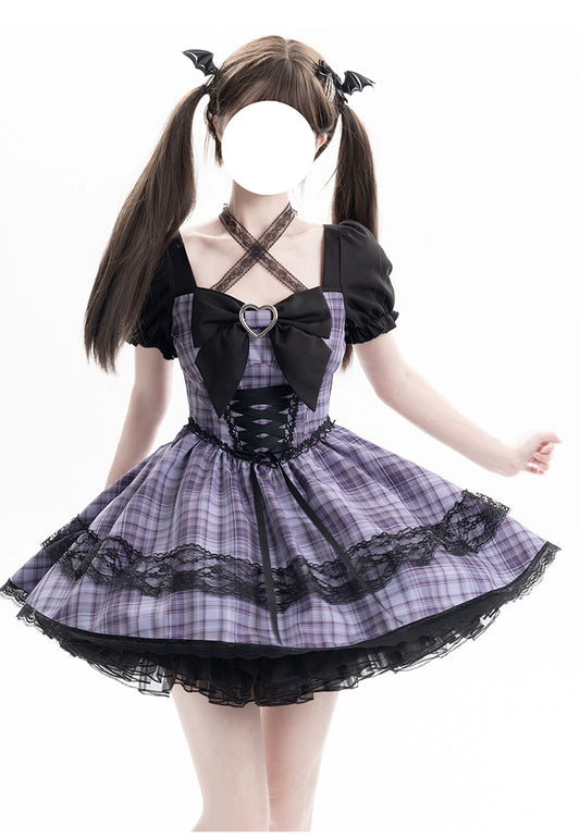 Jirai Kei Dress Puff Sleeves Purple Dress Heart Buckle Dress 36418:570202