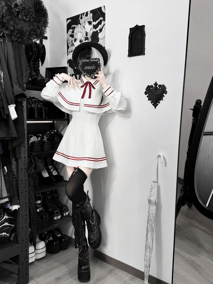 Japanese Style Cape Dress Set, Black & White 45264:844234
