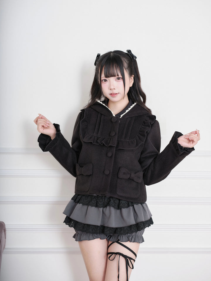 Ryousangata Hooded Solid Coat, Ruffled Neckline (Black / M S) 45955:870333