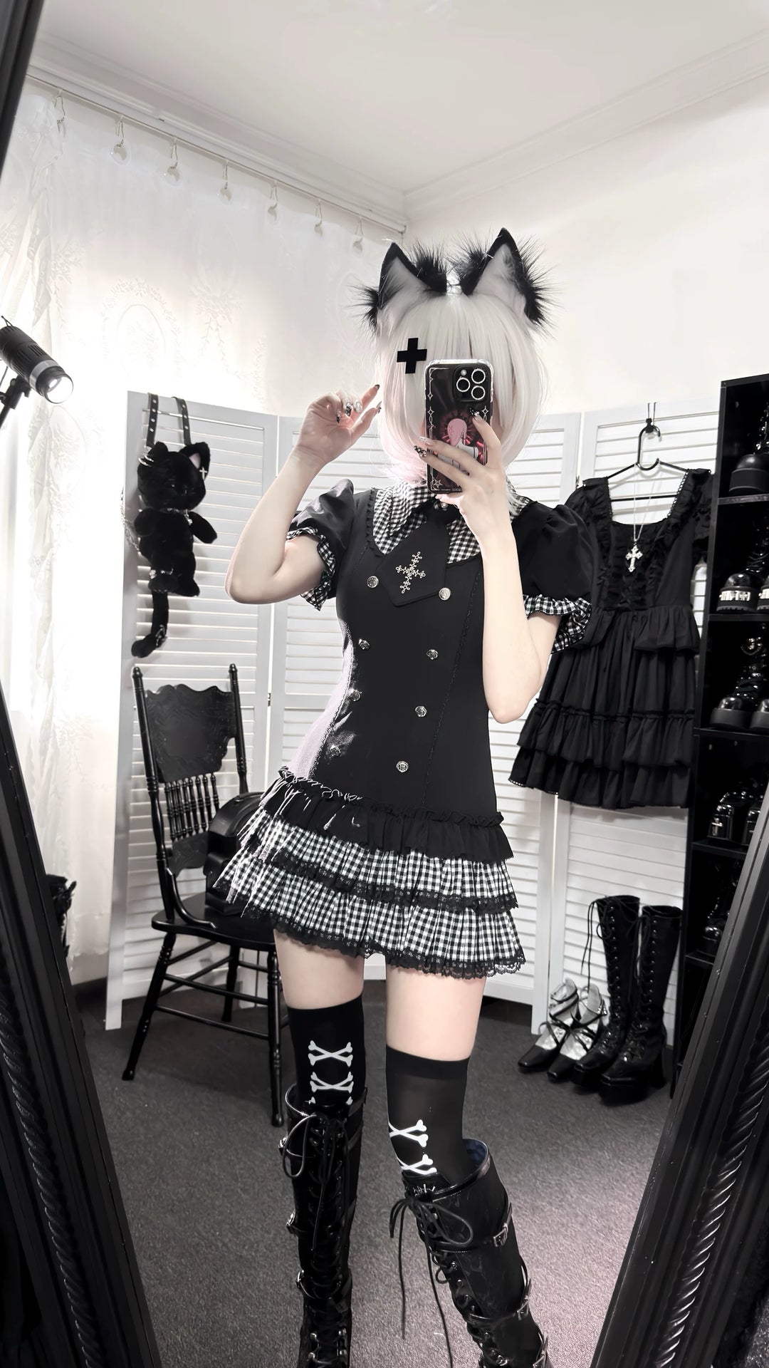 Low-Waist Jirai Kei Dress Set, Cross Embroidery 44780:826736