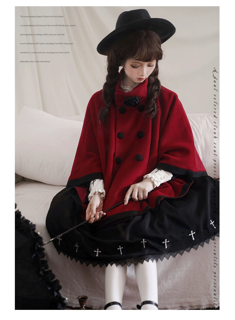 Elegant Lolita Winter Coat Black and White Camellia Cape 40284:658188