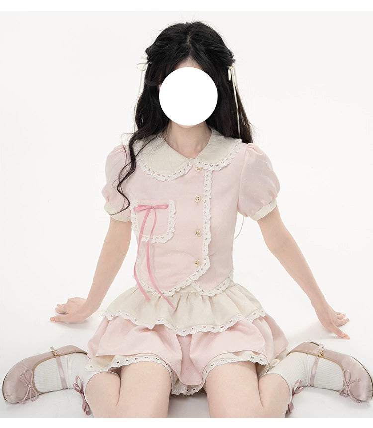 Kawaii Pink Outfit Set Sweet Tiered Skirt Set 37546:576794