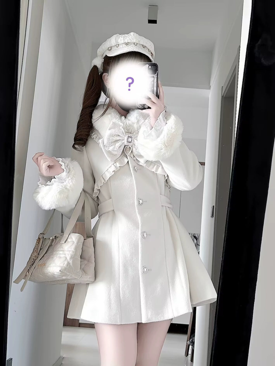 Fluffy Trim Ryousangata Winter Coat, Rhinestone Accents 44200:800826