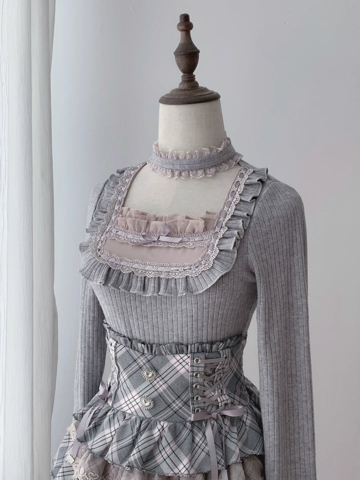 Seiso Kei Grey Pink Knit Sweater & High Waist Skirt Set (L M S) 45990:871771