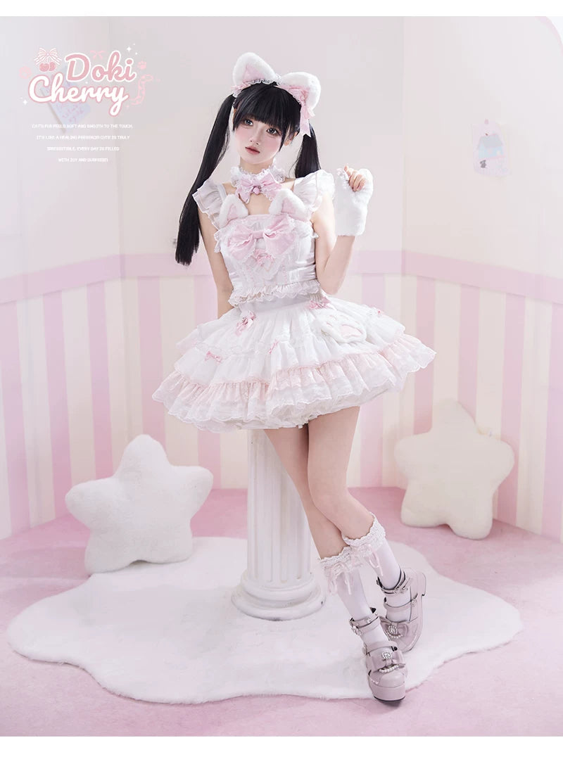 Kawaii Lolita Tiered Skirt Set, Cat Ears & Polka Dot Bow 44958:837082