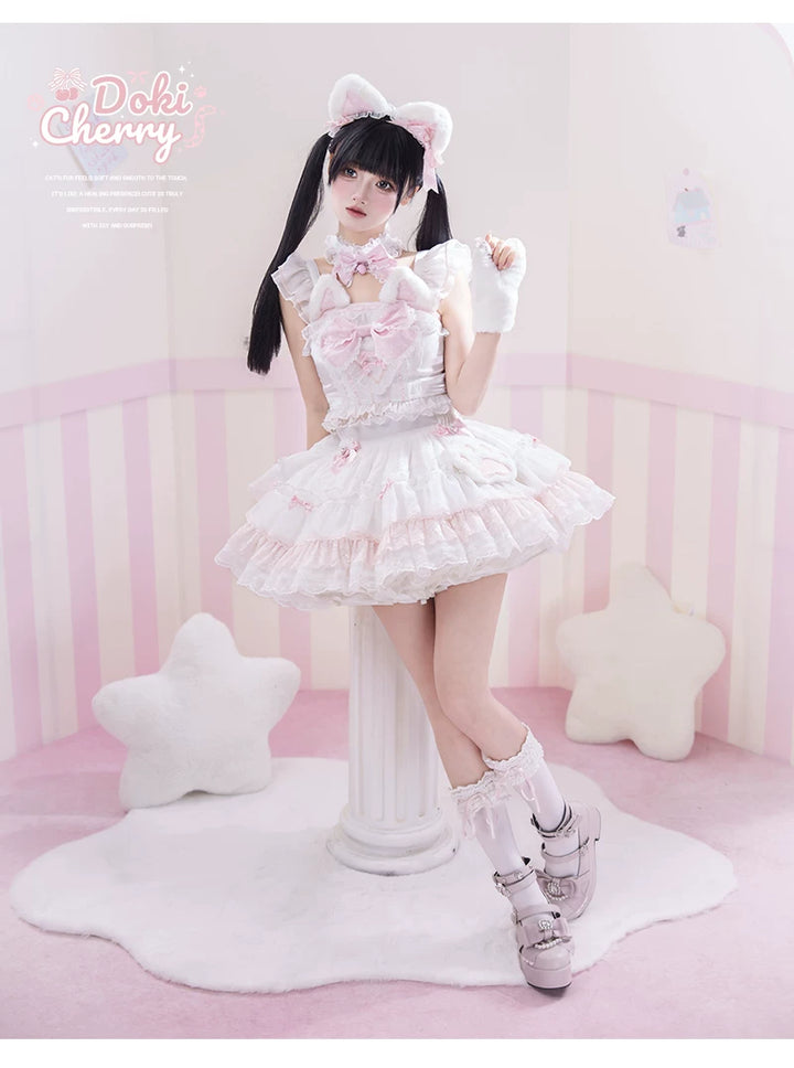 Kawaii Lolita Tiered Skirt Set, Cat Ears & Polka Dot Bow 44958:837082