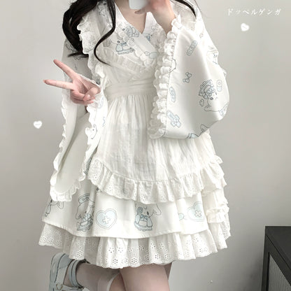 Tenshi Kaiwai Patchwork Skirt Kimono Top White Apron Three-Piece Set 36786:536606