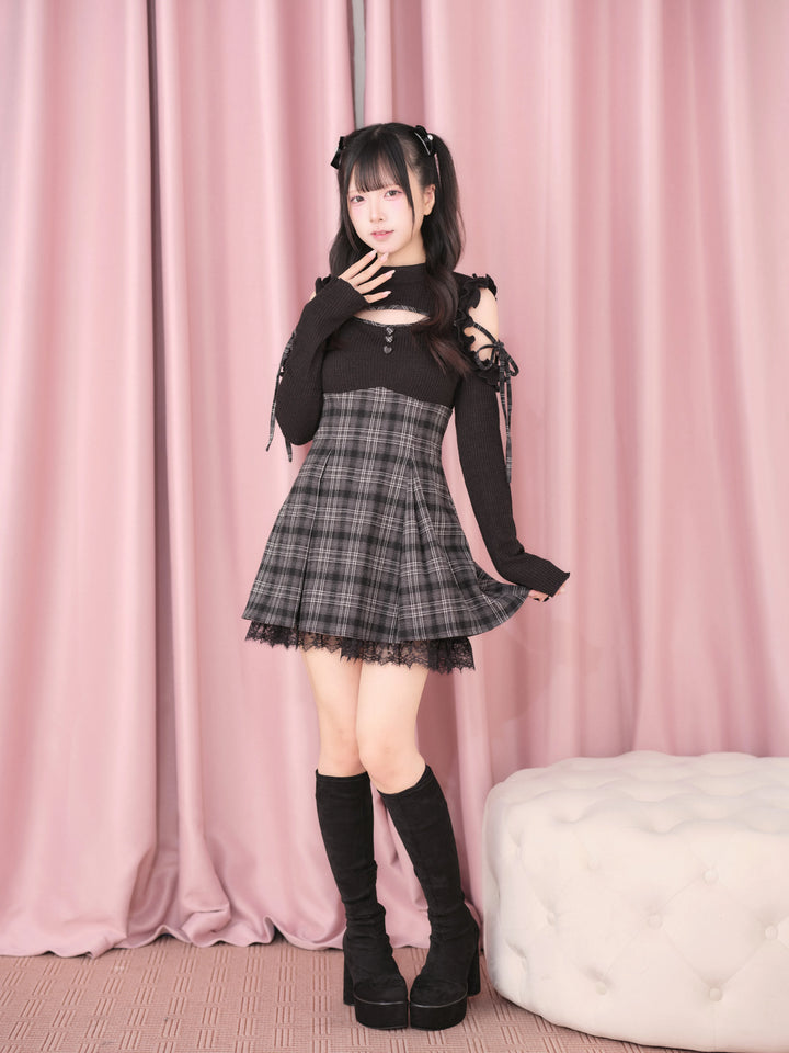 Jirai Kei Open Shoulder Plaid Dress, Chest Cutout 45957:869814
