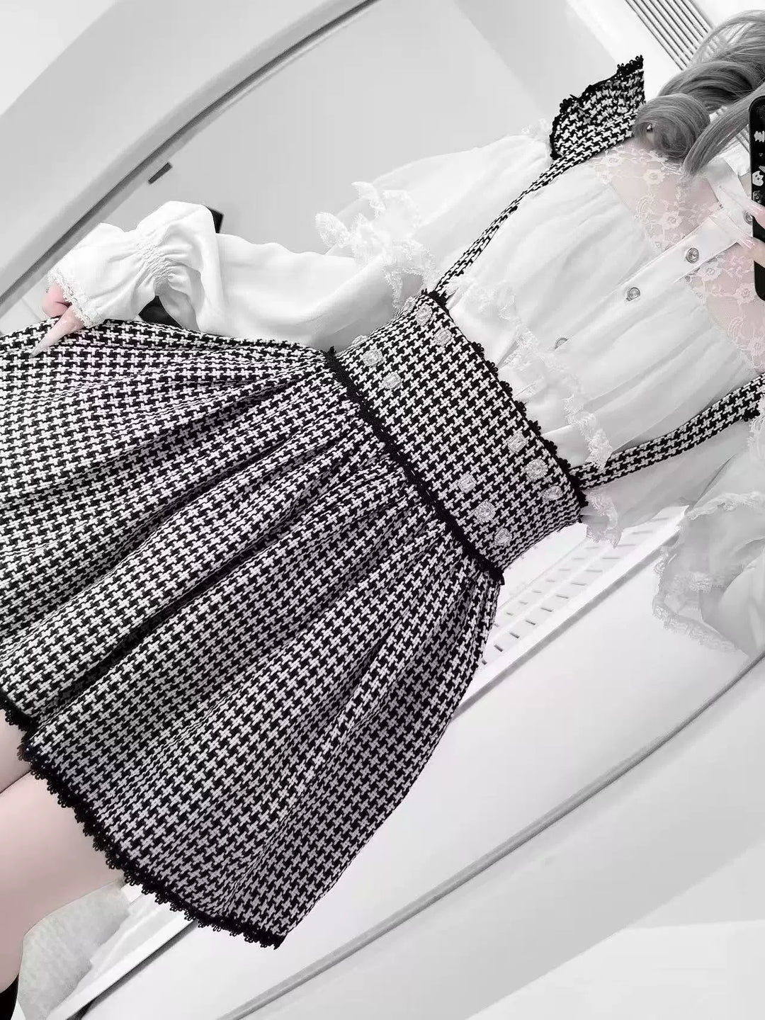 Jirai Kei Sheer Lace Shirt, Houndstooth Suspender Skirt 44894:827666