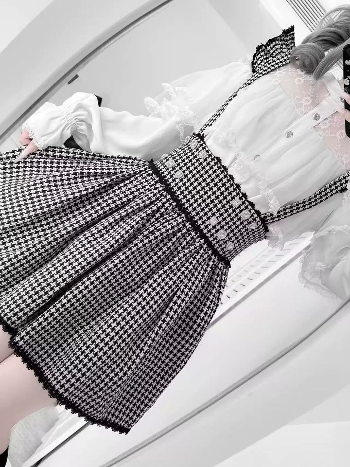 Jirai Kei Sheer Lace Shirt, Houndstooth Suspender Skirt 44894:827666