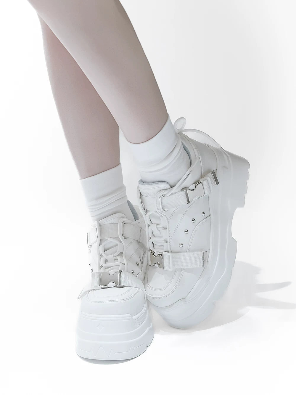 White/Black Punk High Platform Shoes, Metal Buckles 44400:807735