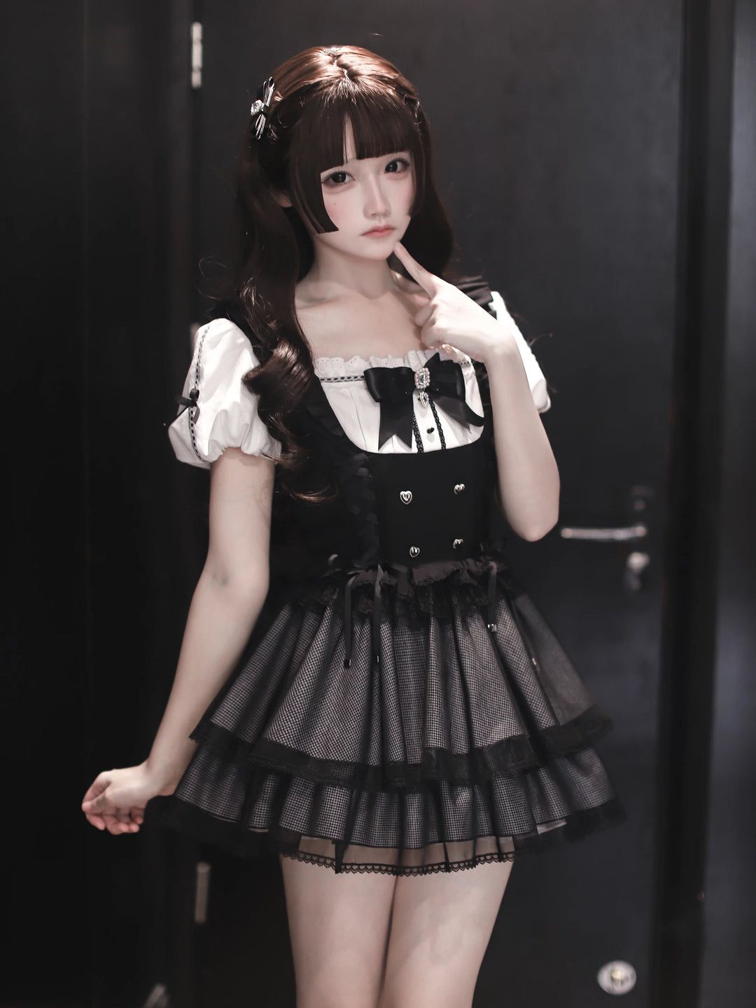 Jirai Kei Puff Sleeve Dress, Layered Tulle Hem 45340:847384
