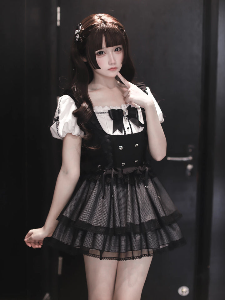 Jirai Kei Puff Sleeve Dress, Layered Tulle Hem 45340:847384