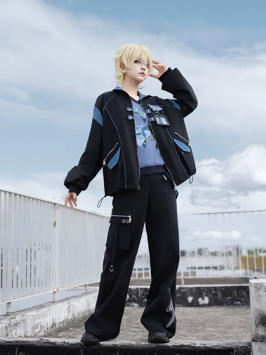 Techwear Cargo Pants & Jacket Set, Volt Cat Print 45822:863876