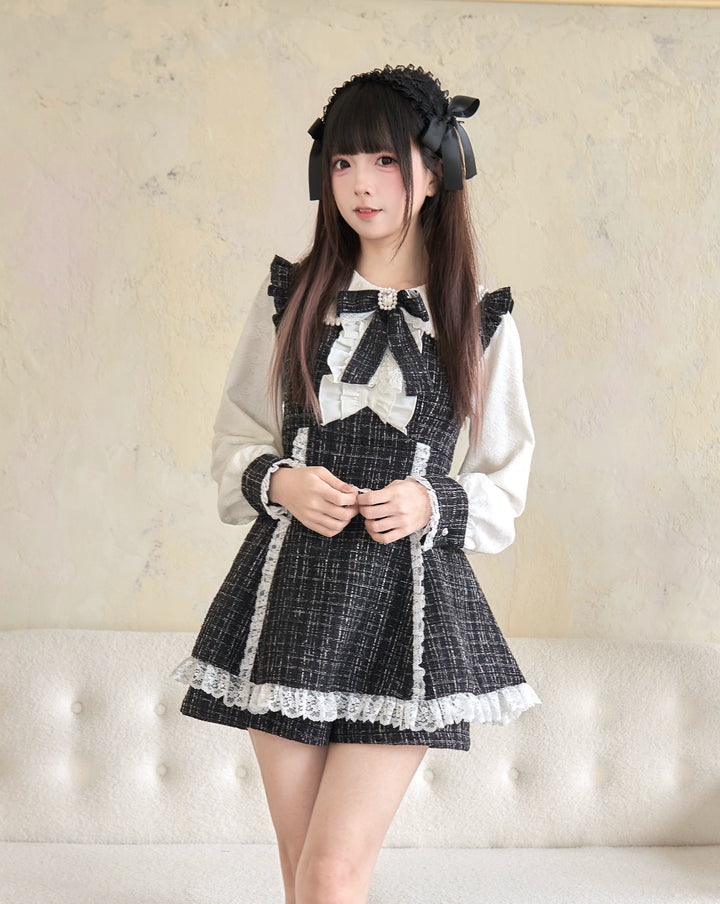 Winter Jirai Kei Dress Set Black Plaid Dress And Shorts Set 41406:701020