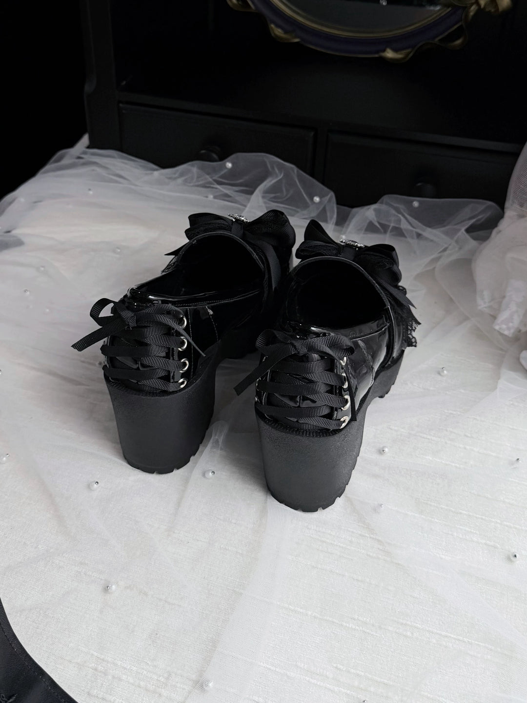 Jirai Kei Heeled Shoes, Pearl Chain and Cross Details 45695:860658
