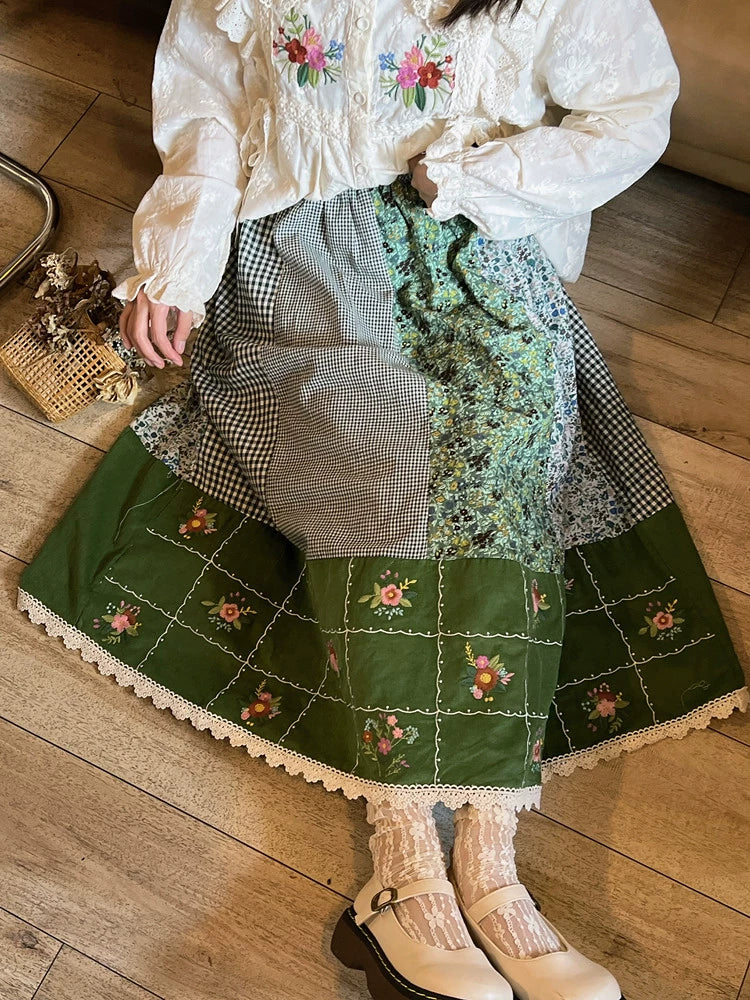 Mori Kei Skirt Green Floral Patchwork Skirt Vintage Skirt 36224:524886