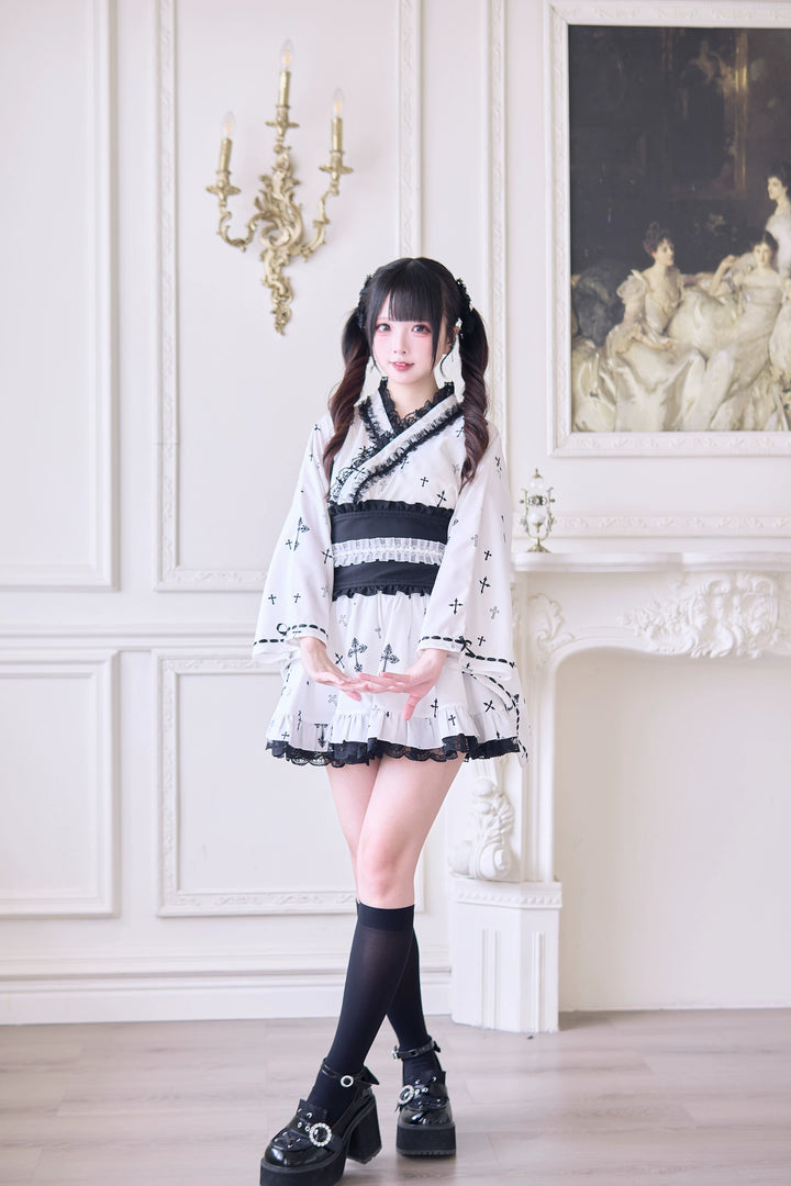Wa-Style Jirai Kei Kimono Blouse + Ruffle SKirt + Wide Obi Belt 42799:765963