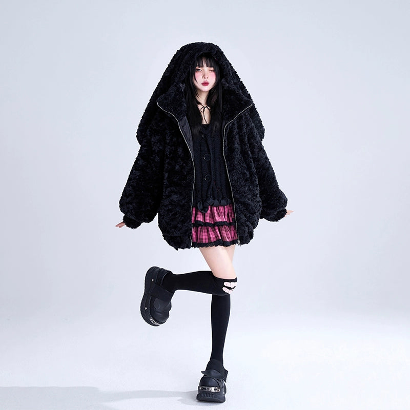 Jirai Kei Coat Black Plush Hooded Winter Coat Bunny Ear Coat (L M XL) 32396:384224