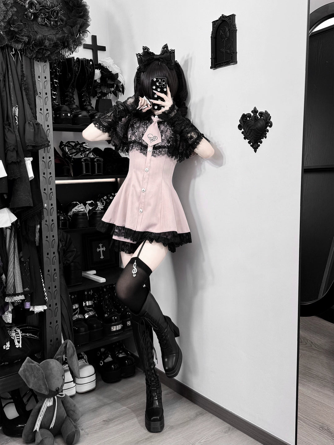 Pink Ryousangata Striped Dress, Lace Neckline and Hem 45453:854900
