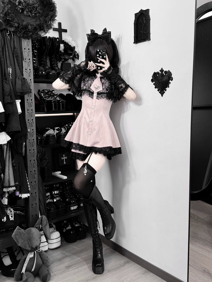 Pink Ryousangata Striped Dress, Lace Neckline and Hem 45453:854900
