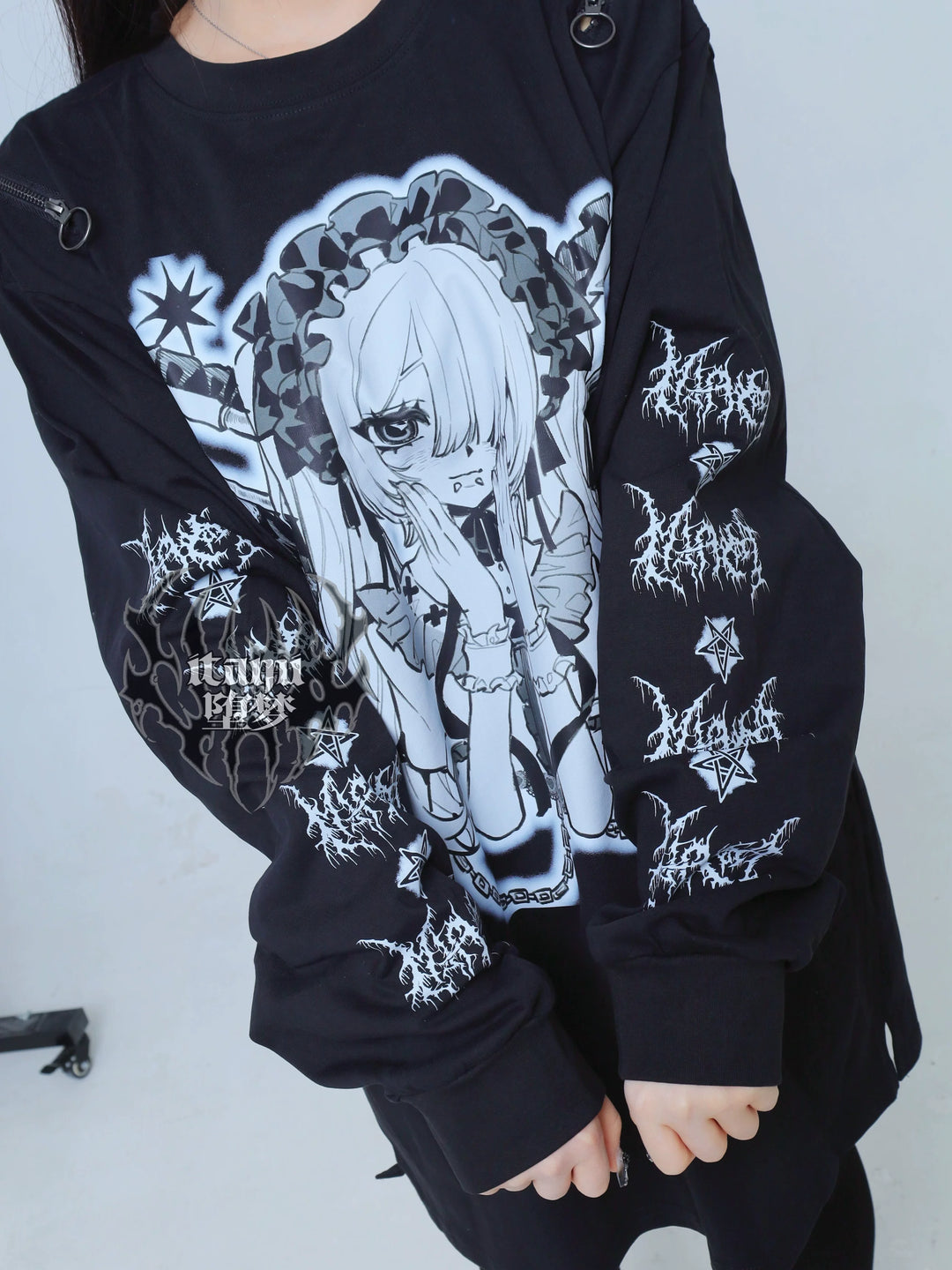 Gothic Long Sleeve Tee, Anime Print and Zipper Shoulder 44521:812653