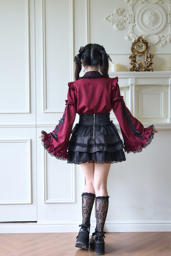 Ruffle Jirai Kei Blouse with Detachable Princess Sleeves And Bow 42522:744303