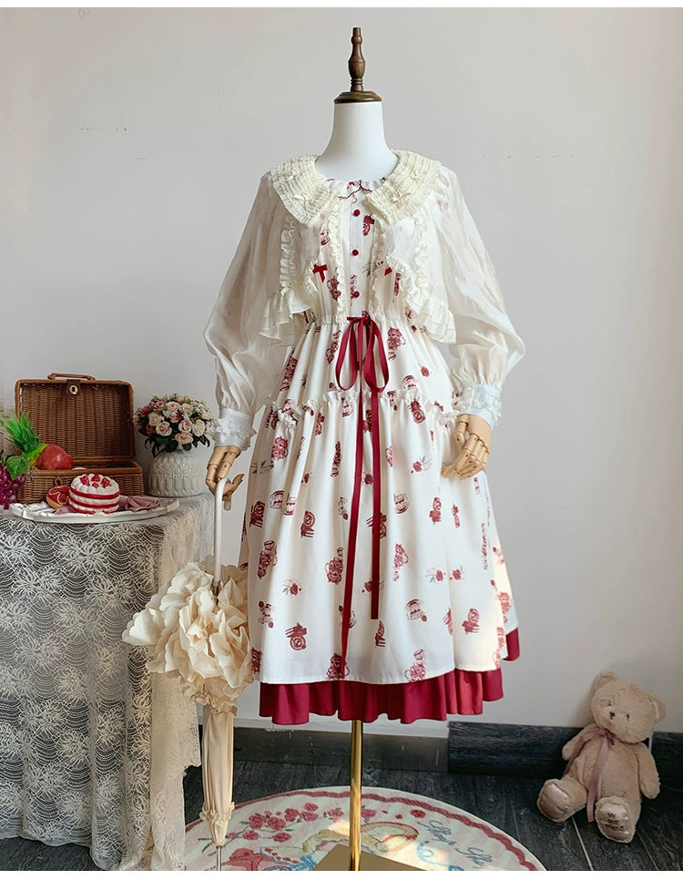 Classic Lolita Dress With Short Sleeve And Floral Tea Pot Print Multicolor 37134:552504