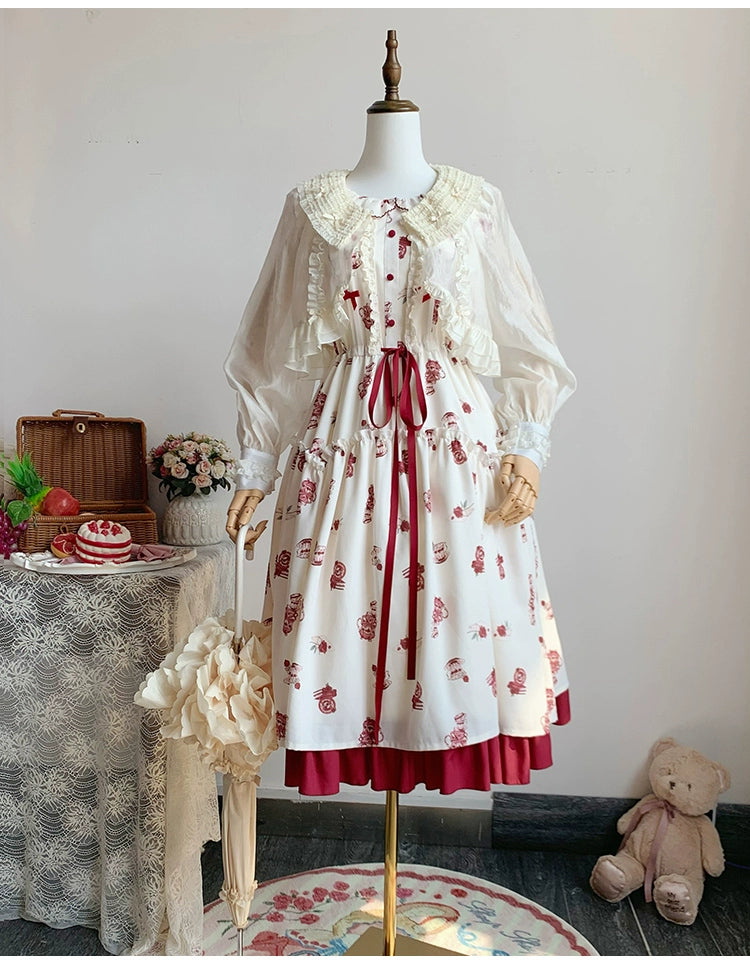 Pink Blue Lolita Dress Short Sleeve Lolita Dress Floral Tea Pot Print 37134:552504