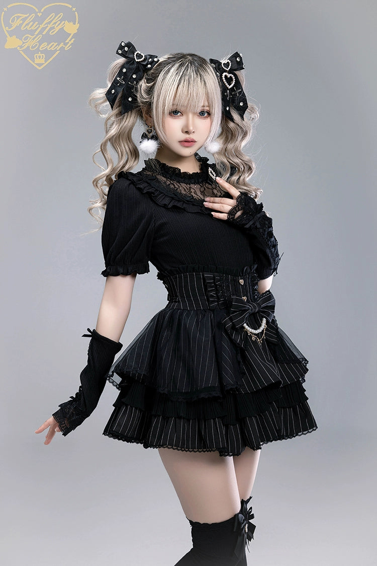 Striped High Waist Jirai Kei Skirt, Detachable Bow 43679:785978