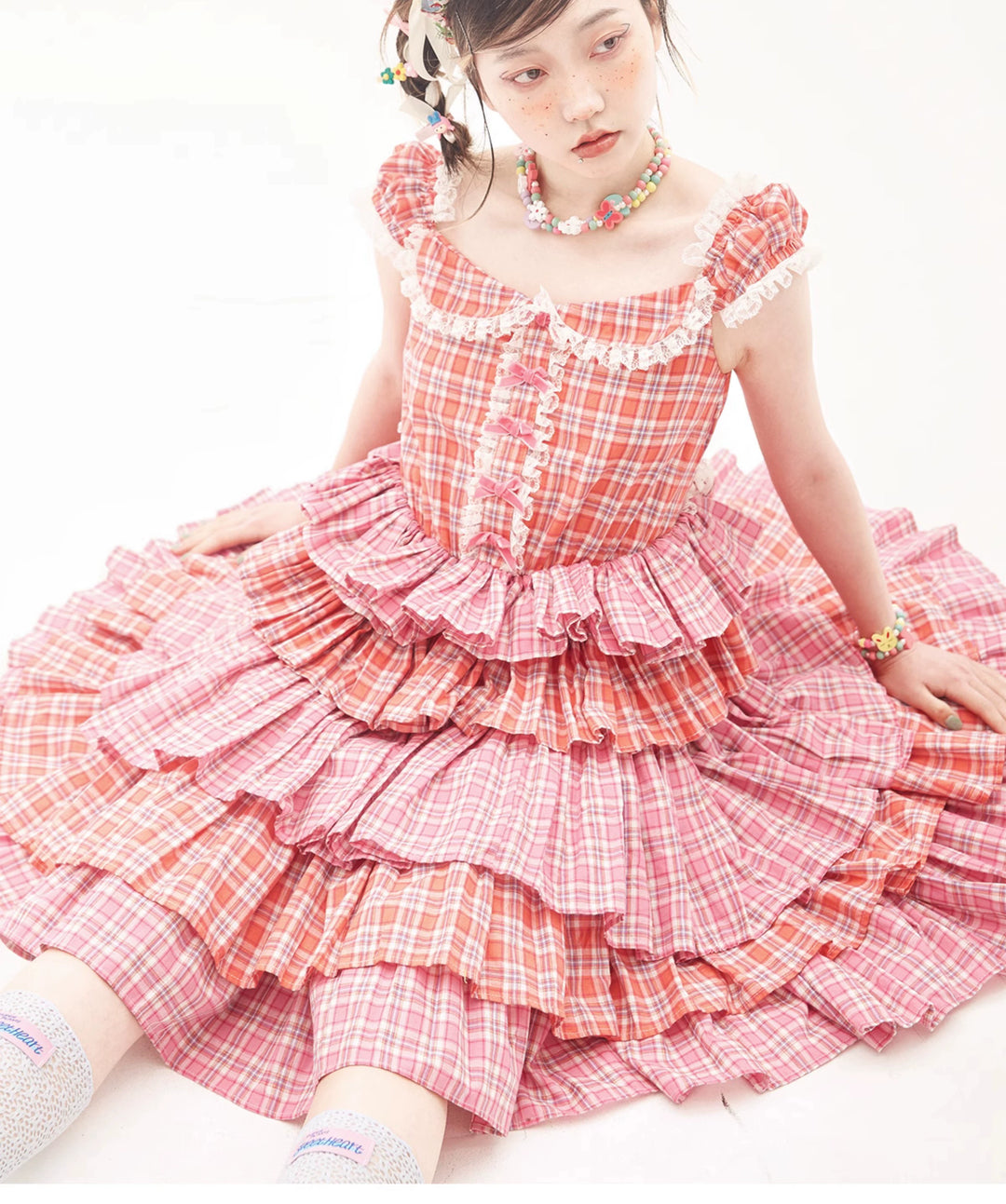 Sweet Lolita Dress Pink Plaid Dress Kawaii Layered Dress 36166:543372 36166:543372